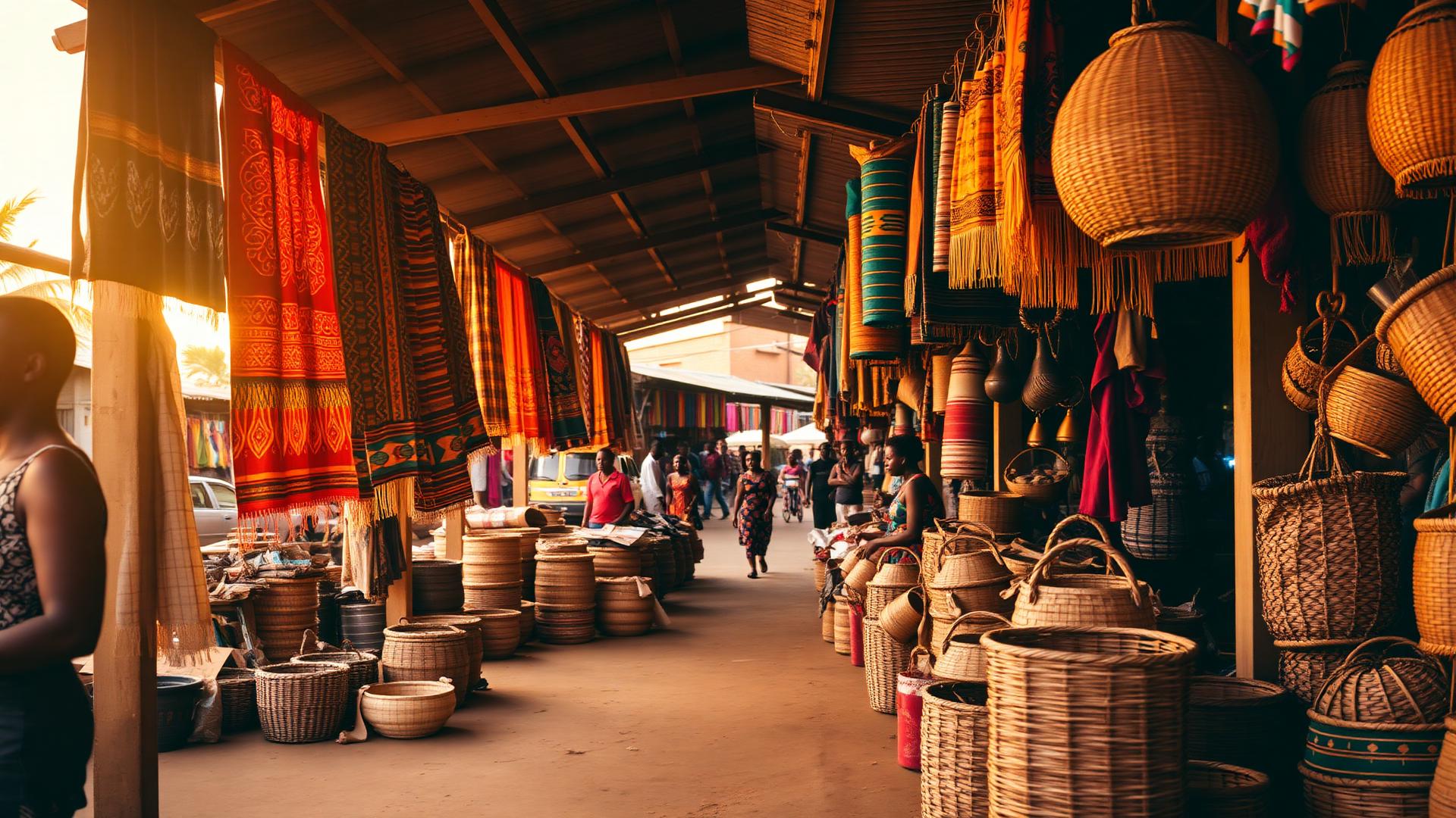 A vibrant African open-air market with woven textiles and baskets